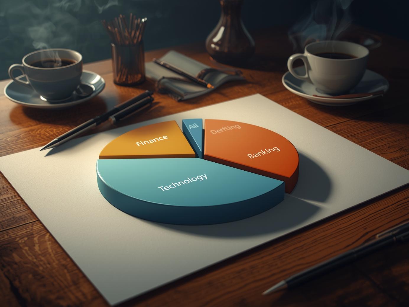 Potřebuji kreslený obrázek na šířku s koláčovým grafem, kde budou jednotlivé sektory a k nim přiřazené tyto názvy_ Finance, Defence, Technology, Banking, Services. Graf by mohl působit plasticky. Obrázek by měl bý.jpg